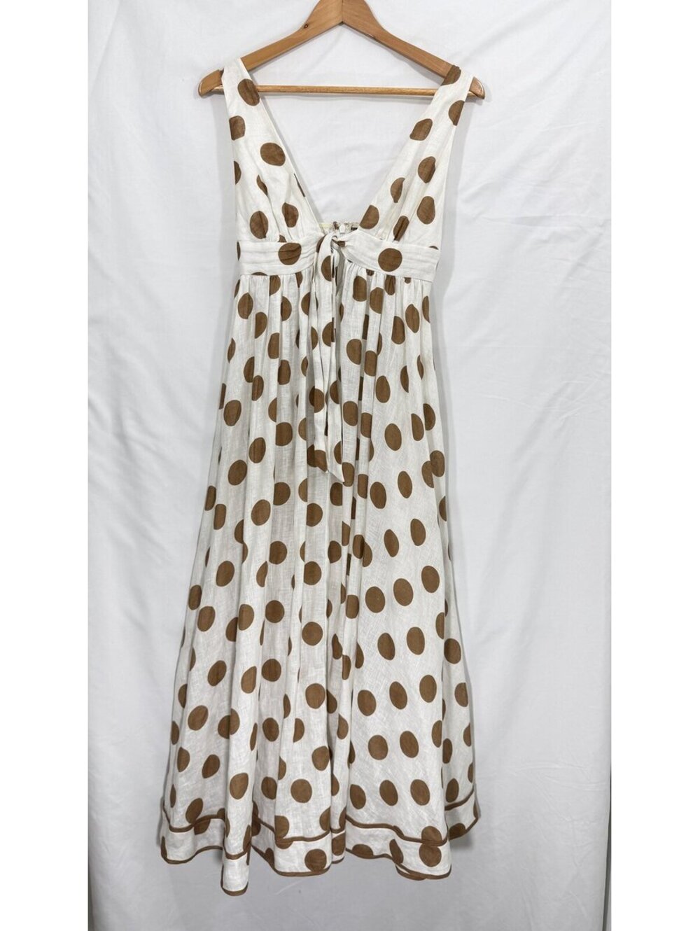Zimmermann Empire Tie Front Long Dress Tan Polka Dot Linen Size 1 US 6